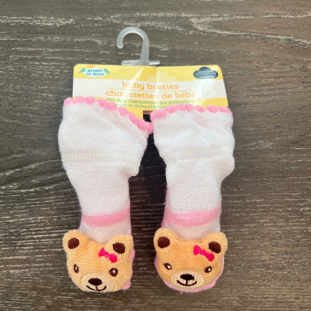 Angel of Mine Baby Booties with Bear Design - Pink and White